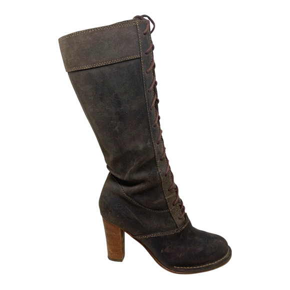 Frye Villager Lace Up Heeled Boots Women's Sz 6.5 Knee High Oiled Brown Leather - Picture 3 of 12
